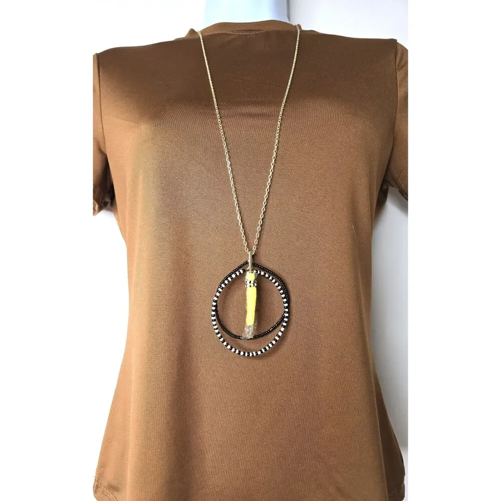 BaubleBar Long Chain Pendant Necklace Mixed Media Tassel Gold Tone 30